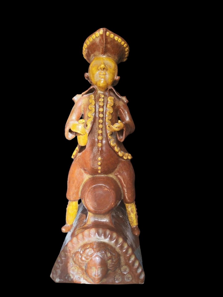 Sculpture, Anthropomorphic Ridge Finial In Glazed Earthenware, Signed "poterie De Barfleur," 19