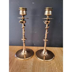 Pair Of Bronze Snake Candlesticks By Barbedienne