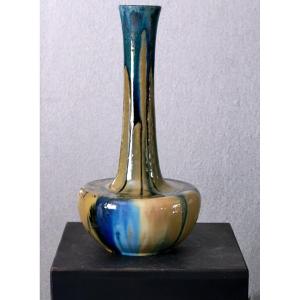 Grand vase Renoleau à base pansu, couleur beige et bleu