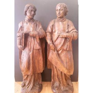 Pair Of Saints In Carved Oak Wood 18th