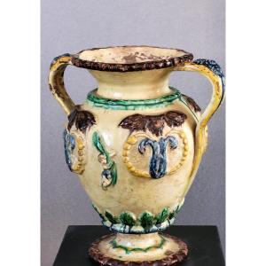 Pair Of Italian Vases In Enamelled Terracotta 18th
