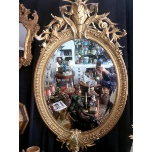Important Miroir Ovale d'époque XIX Doré à La Feuille