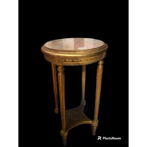 Louis XVI Style Pedestal Table In Golden Wood And Marble