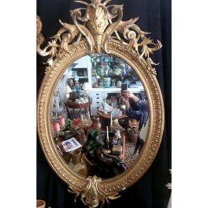 Important Miroir Oval Doré à La Feuille, Style Napoléon III - Epoque XIXème