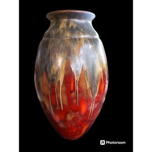 Superbe Et Important Vase Art Déco - Faiencerie Saint Ghislain Emile Lombart