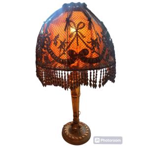 Spectacular Lamp, Golden Wood Base And Lace Lampshade, Art Deco Style