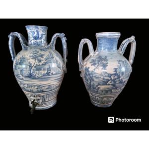Pair Of Savona Earthenware Vases (italian) From The 18th Century