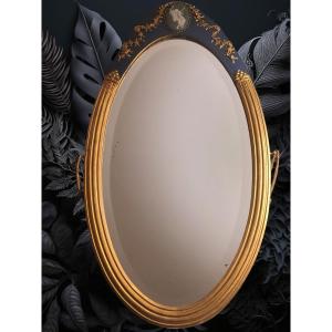 Miroir oval biseauté victorien, cadre bois doré wedgewood,  Art Deco 