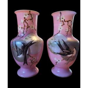 Pair Of Baccarat Pink Opaline Vases, Japanese Decor, 1860s Period