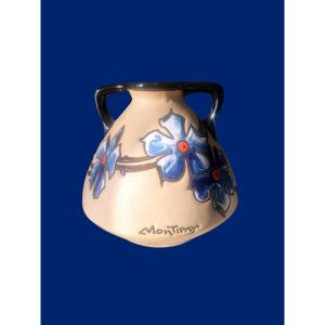 Vase bursiforme à deux anses signe Montieres, xxeme