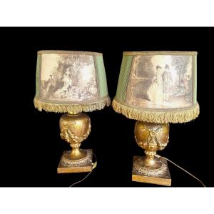 Pair Of Gilded Wood Lamps, Louis XV Style - 20th Century