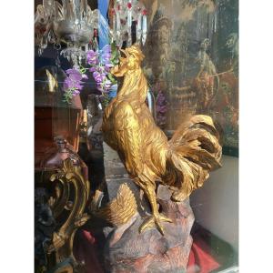 Sculpture coq en argile blanche et patiné bronze signe NELSON - XIXeme