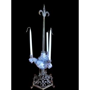 Pair Of Delft Earthenware Candlesticks With Wrought Iron Base - 19th Century
