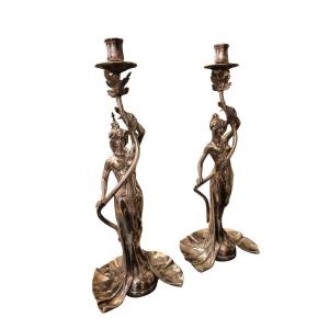 Paire de chandeliers en bronze argenté, art nouveau - XXeme