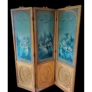 Three-panel Screen, Louis XVI Style - 19th Century. Decorative Three-panel Screen, Art.