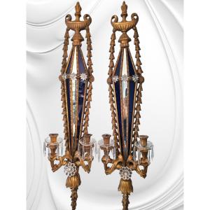 Pair Of Large Italian Wall Sconces In Carved Giltwood, Venetian Blue Glass - 19th Century 