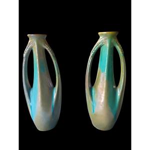 Pair Of Large Stoneware Vases With Turquoise Wheat Patina Cytere Rambervillers 20th Century