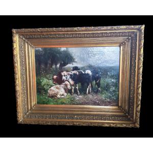 Large Oil Painting On Canvas, "the Cows," Signed By Henry Schouten, Late 19th Century.