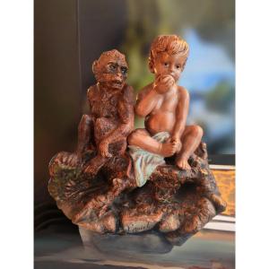 Sculpture en terre cuite polychrome signée par le maître Egoise, titré égoïst XIX