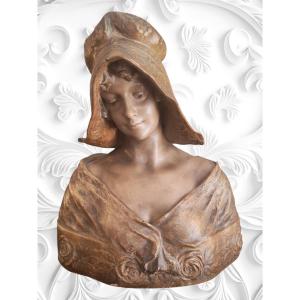 Buste en terre cuite polychrome Art Nouveau Goldscheider signee XIXeme