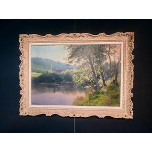 Huile sur toile des berges des Alpes Mancelles signé Mary Renard 1902