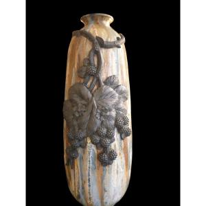Large Glazed Stoneware Piece With Nuanced Drip Glazes, Signed Roger Guérin, Bouffioux, 20th Cen