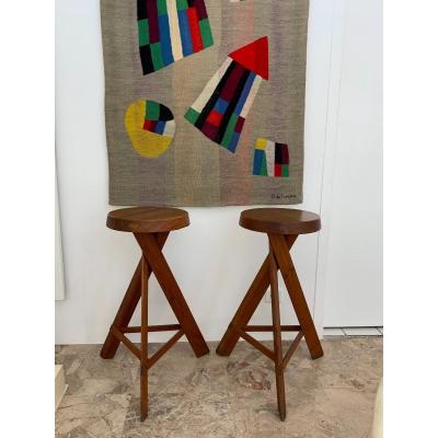 Paire De Tabourets Pierre Chapo Années 1970