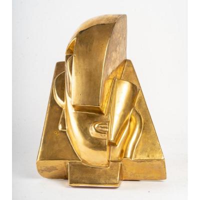 Tête en céramique dorée d'après Joseph Csaky (1888-1971)Cubiste