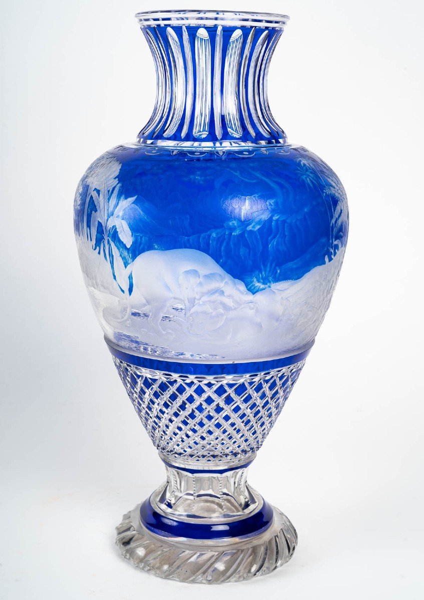 Large Blue And White Overlay Vase Attributed To "baccarat" Or St Louis 1870