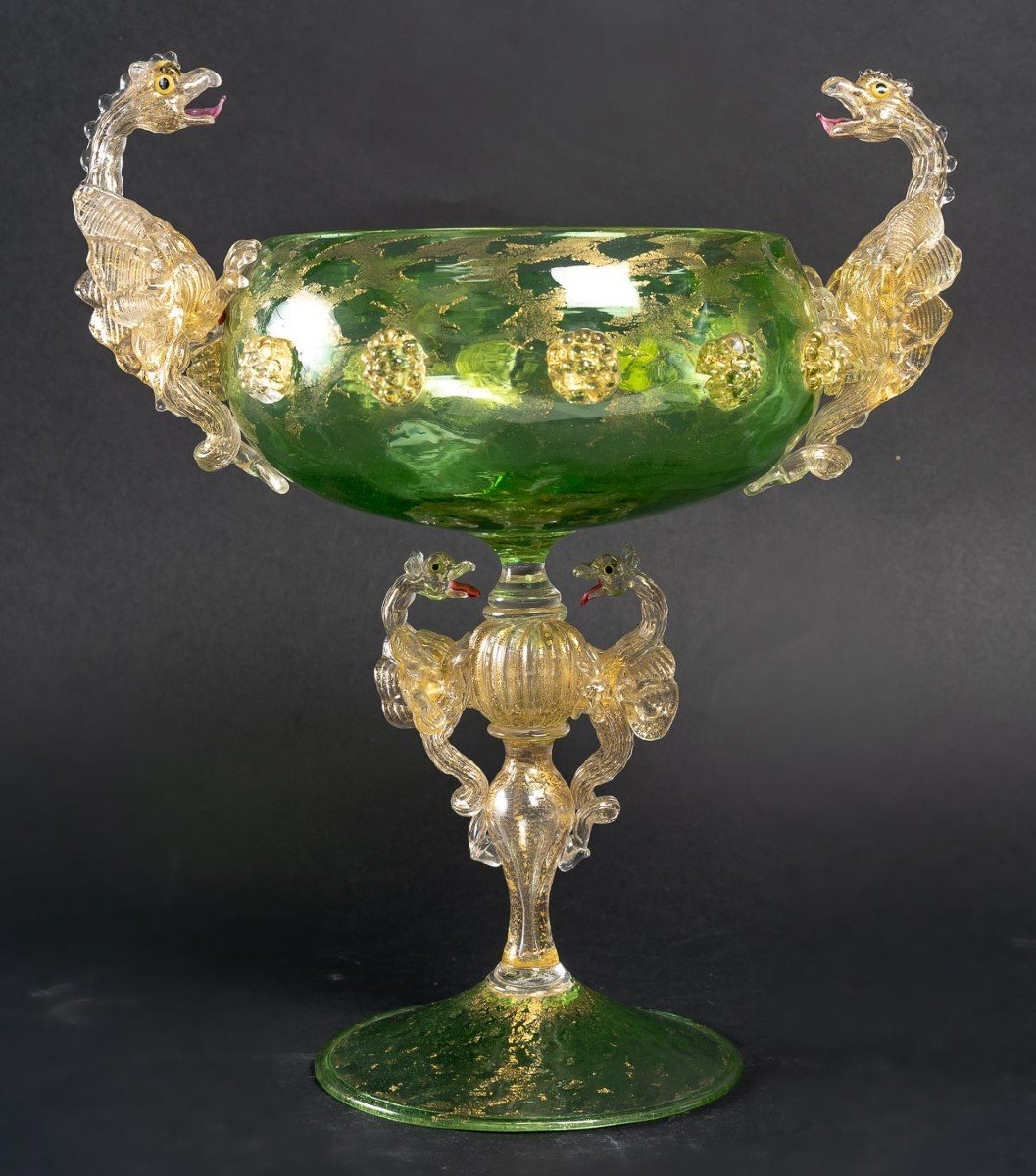 Grande Coupe Verte aux Dragons " Dr. A . SALVIATI " 1885 Venise ( Murano )-photo-2