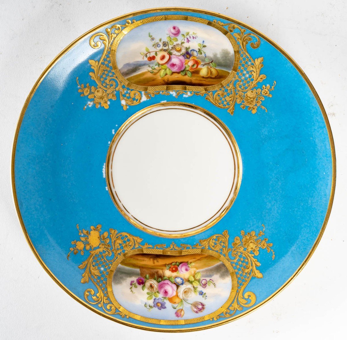 Bol à Bouillon couvert Bleu Céleste " aux paniers  fleuris XIX ème siècle-photo-4