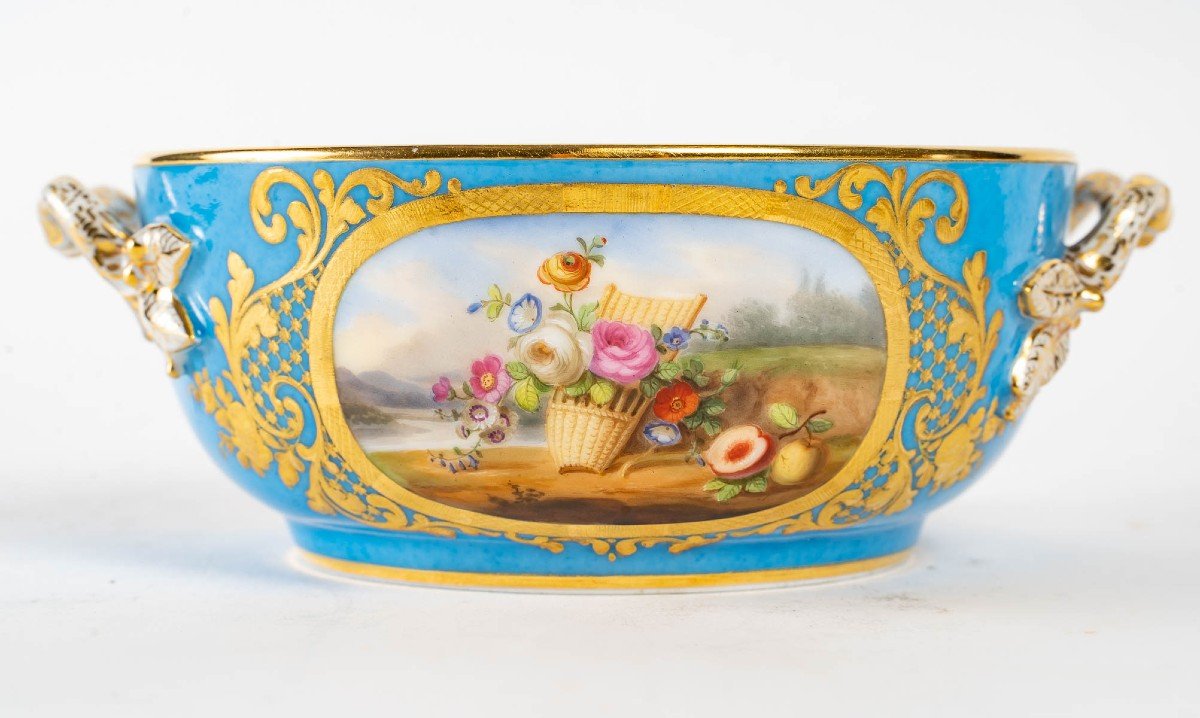Bol à Bouillon couvert Bleu Céleste " aux paniers  fleuris XIX ème siècle-photo-2