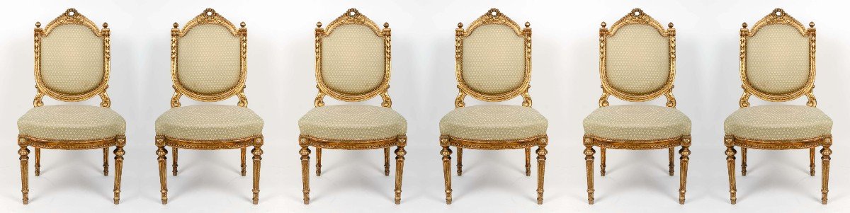 Six Chairs St Louis XVI Celadon Golden Wood