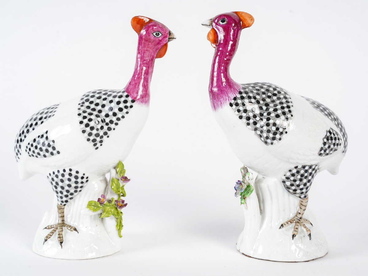 3 Guinea Fowls In Porcelain 1910 (germany, Sanson)-photo-2