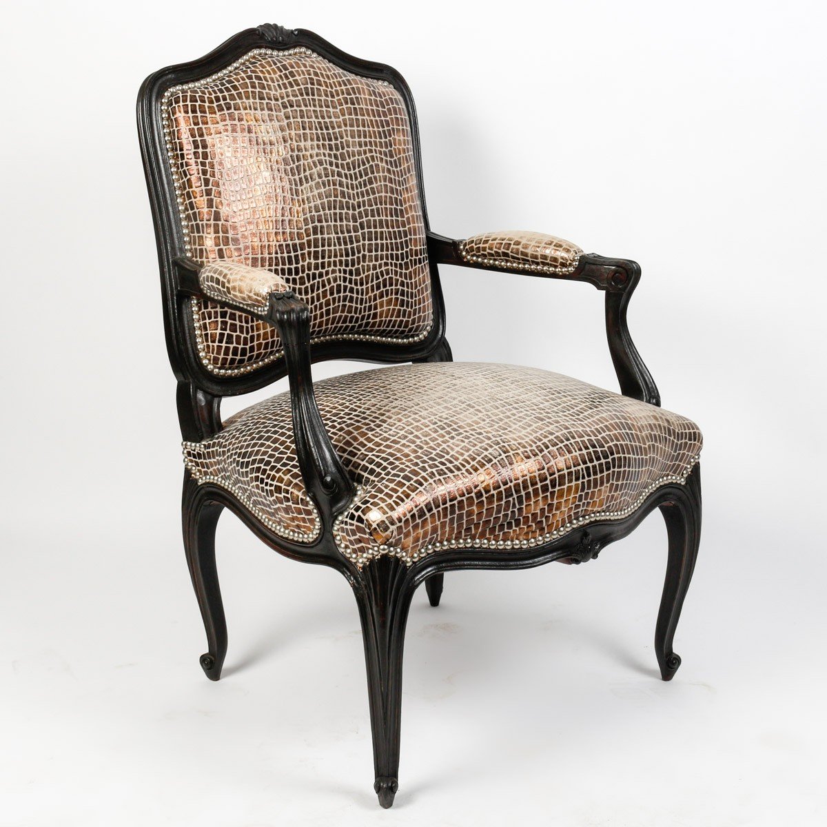 Two Pairs Of 20th Century Louis XV Style Crocodile-style Black Lacquered Armchairs-photo-3