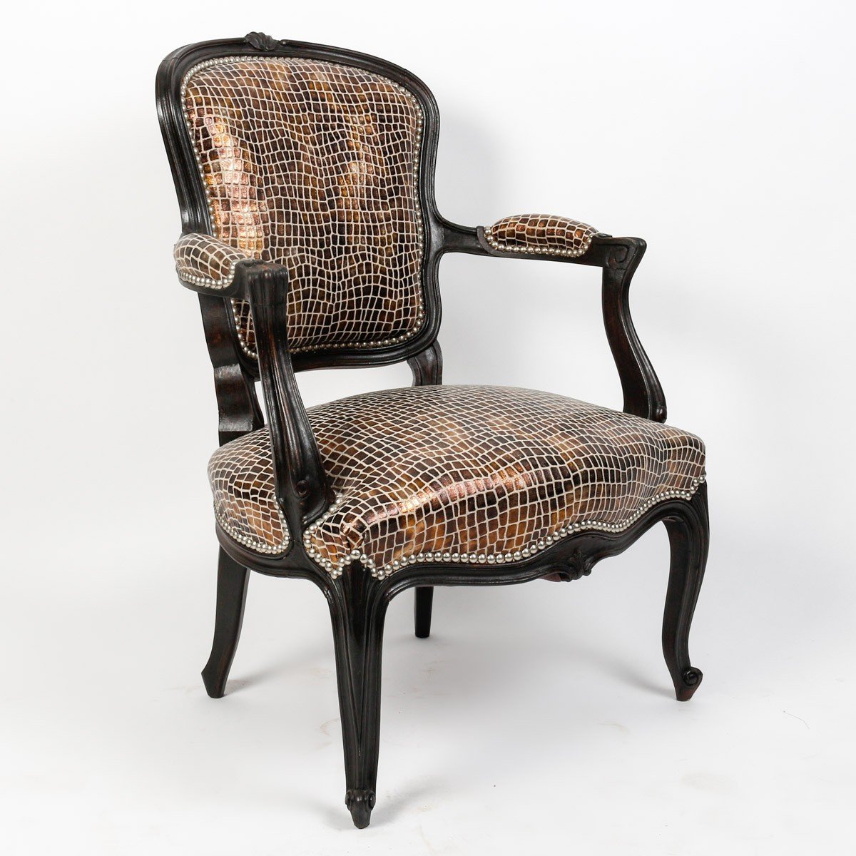 Two Pairs Of 20th Century Louis XV Style Crocodile-style Black Lacquered Armchairs-photo-4