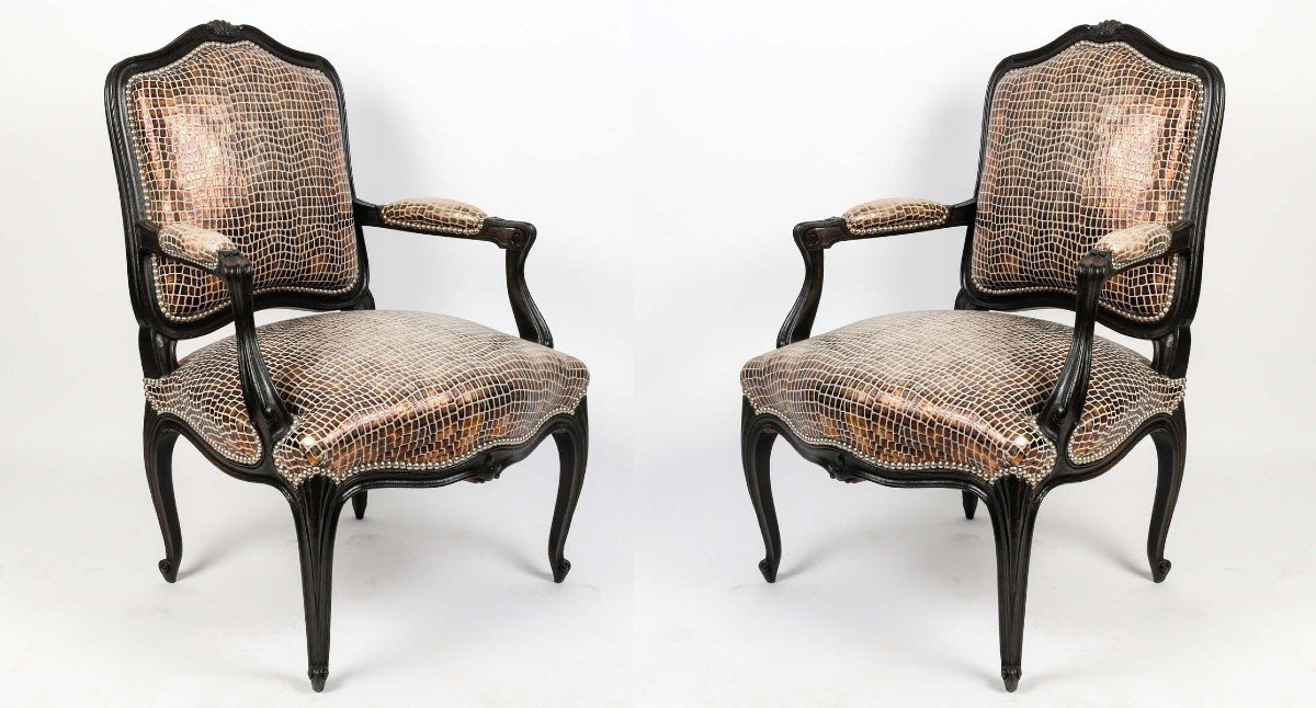 Two Pairs Of 20th Century Louis XV Style Crocodile-style Black Lacquered Armchairs-photo-2