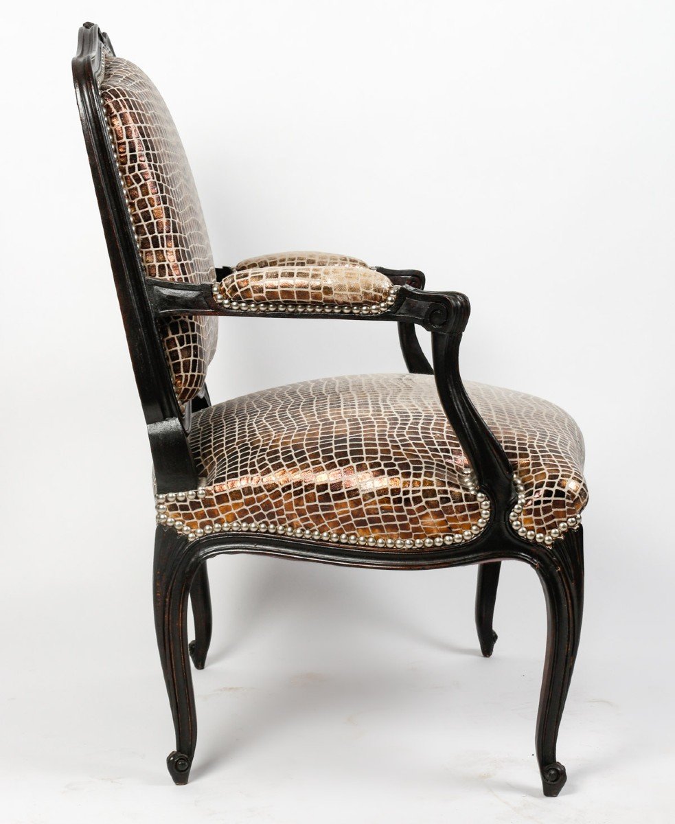 Two Pairs Of 20th Century Louis XV Style Crocodile-style Black Lacquered Armchairs-photo-3