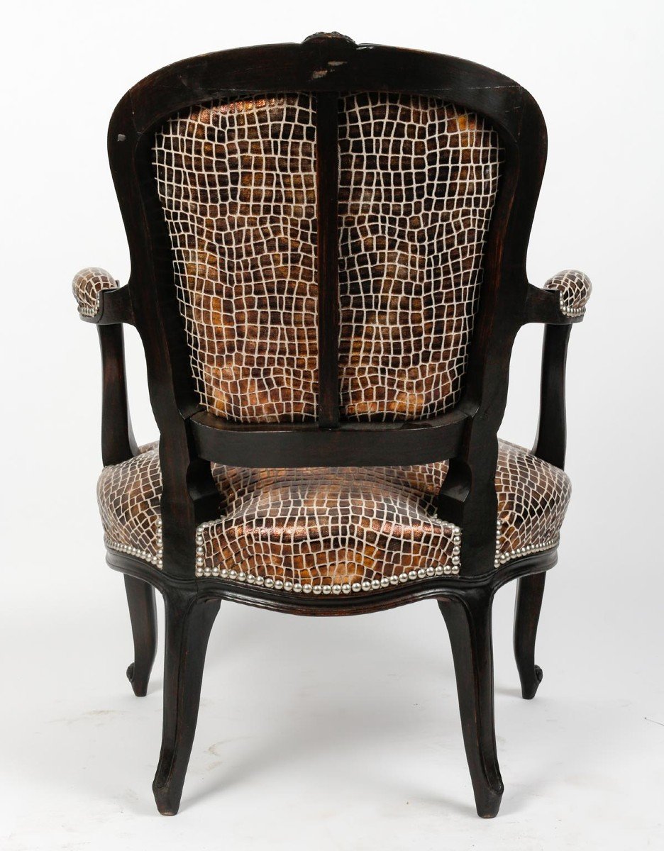 Two Pairs Of 20th Century Louis XV Style Crocodile-style Black Lacquered Armchairs-photo-6