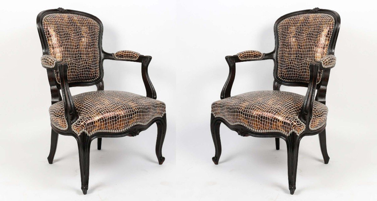 Two Pairs Of 20th Century Louis XV Style Crocodile-style Black Lacquered Armchairs-photo-7