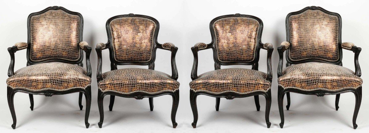 Two Pairs Of 20th Century Louis XV Style Crocodile-style Black Lacquered Armchairs-photo-8