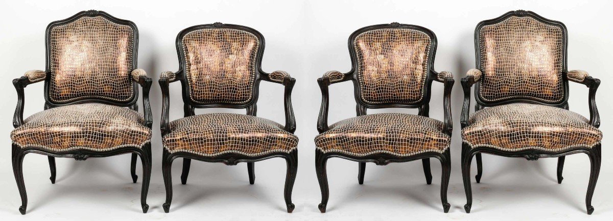 Two Pairs Of 20th Century Louis XV Style Crocodile-style Black Lacquered Armchairs