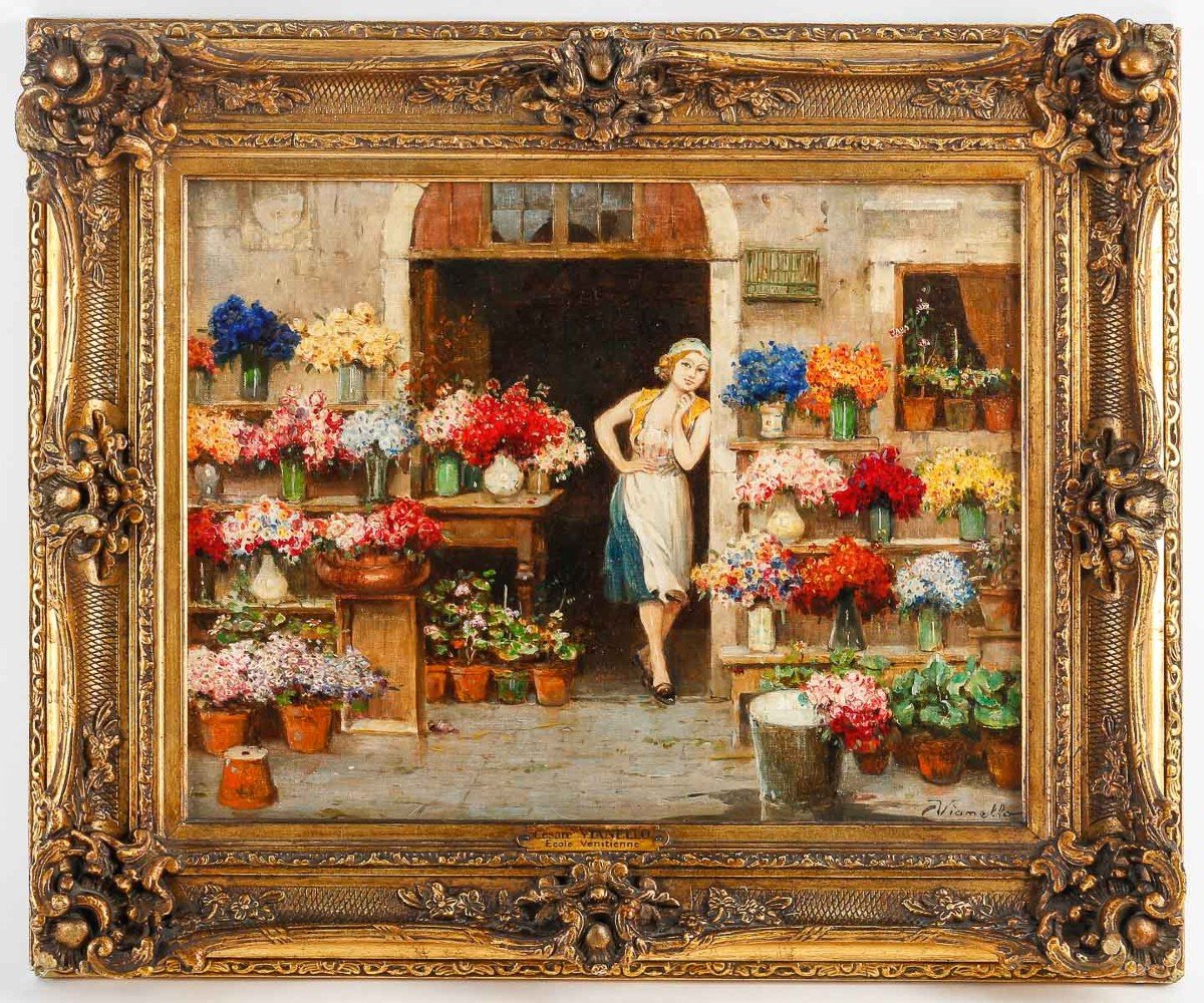 Cesare Vianello "the Flower Merchant In Venice" Late 19th Century