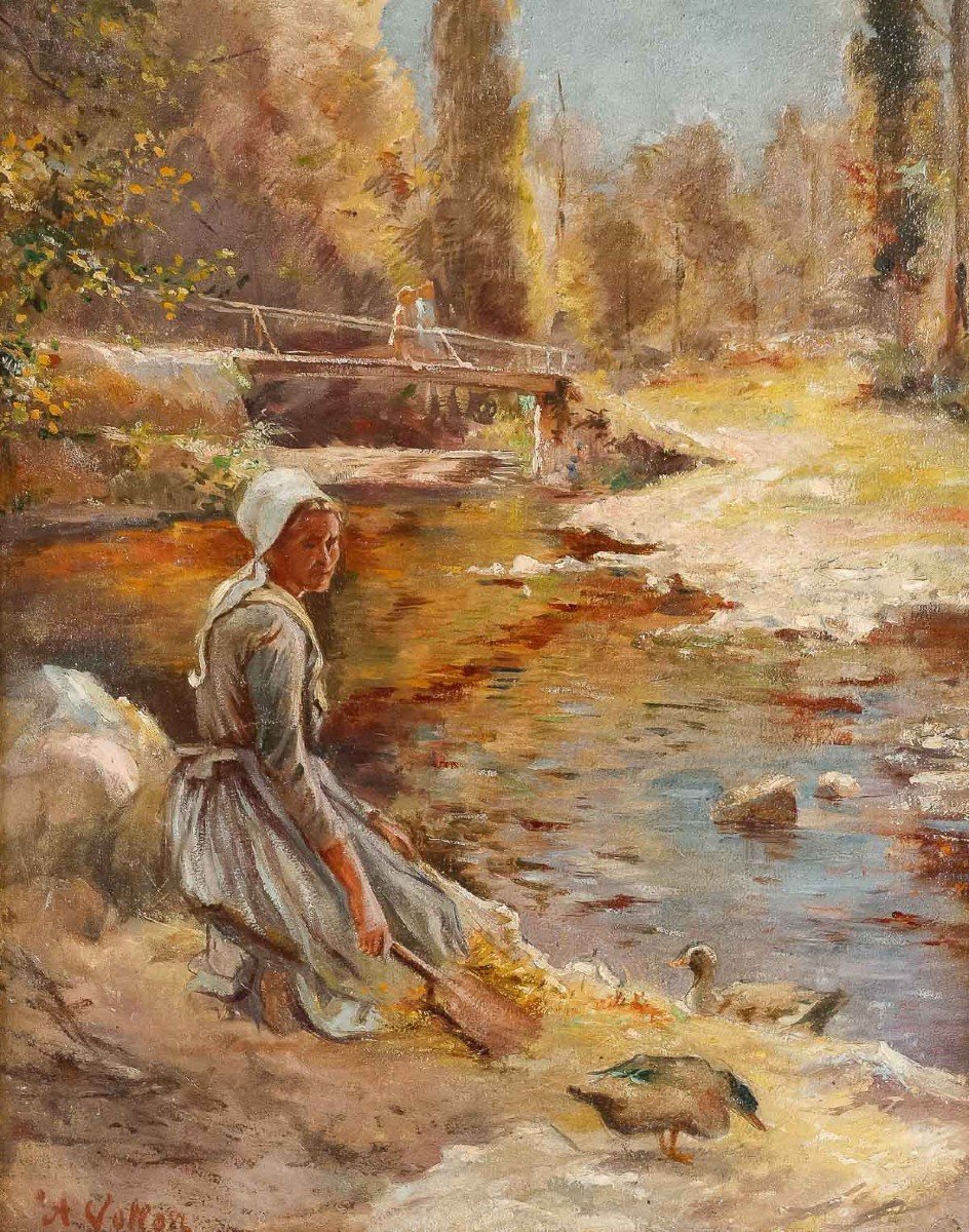 Antoine Vollon (1833/1900) "ducks Near A Washerwoman"-photo-2