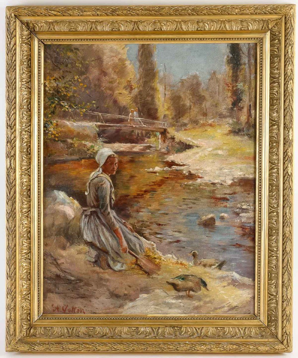 Antoine Vollon (1833/1900) "ducks Near A Washerwoman"