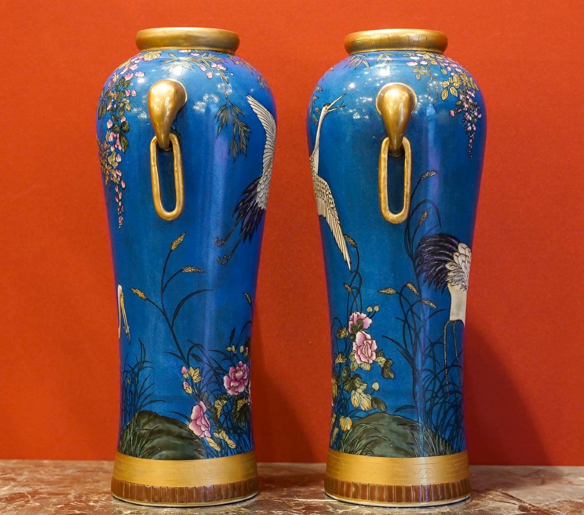Pair Of Vases With Cranes "minton 1815"-photo-2