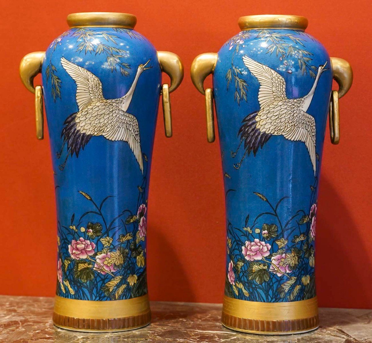 Pair Of Vases With Cranes "minton 1815"-photo-2
