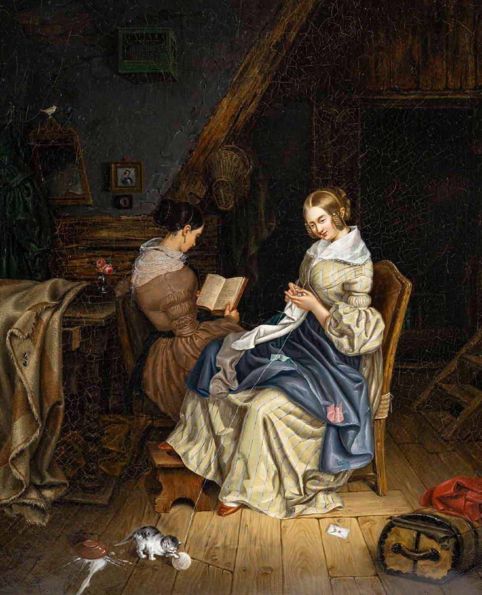 Ludwig Kergel (1814/1874) “reading And Sewing”-photo-2