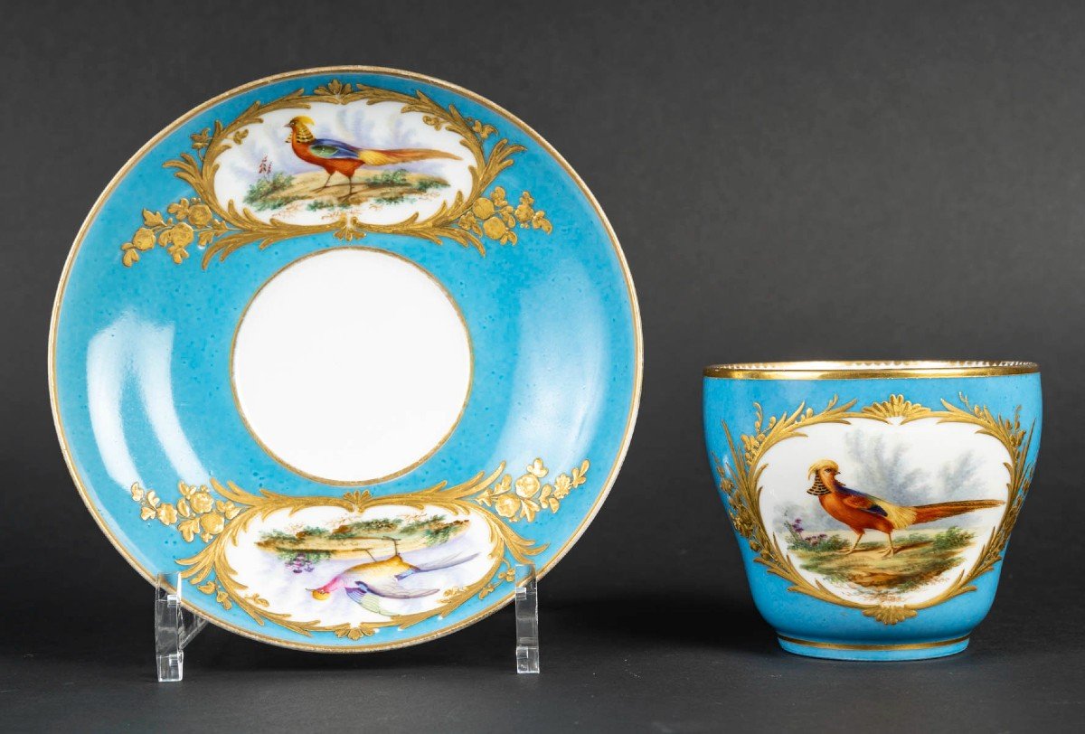 Grande Tasse Paris " Boyer" Aux Oiseaux Polychromes Sur Fond Bleu Céleste( 1840),-photo-2