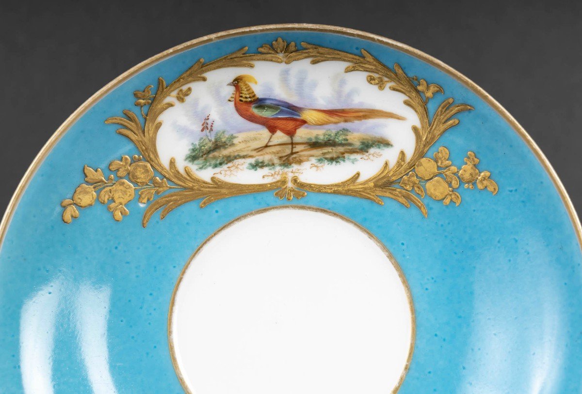 Grande Tasse Paris " Boyer" Aux Oiseaux Polychromes Sur Fond Bleu Céleste( 1840),-photo-1